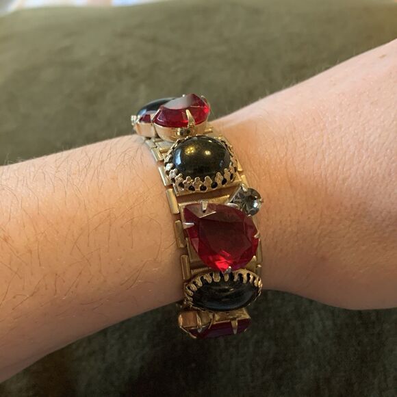 VTG Ruby Red & Smoky Gray Glass Cabochon Link Bracelet Gold Tone Art Deco Style - Picture 13 of 15